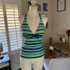Tankini bathing suit top racer back blue stripe size small